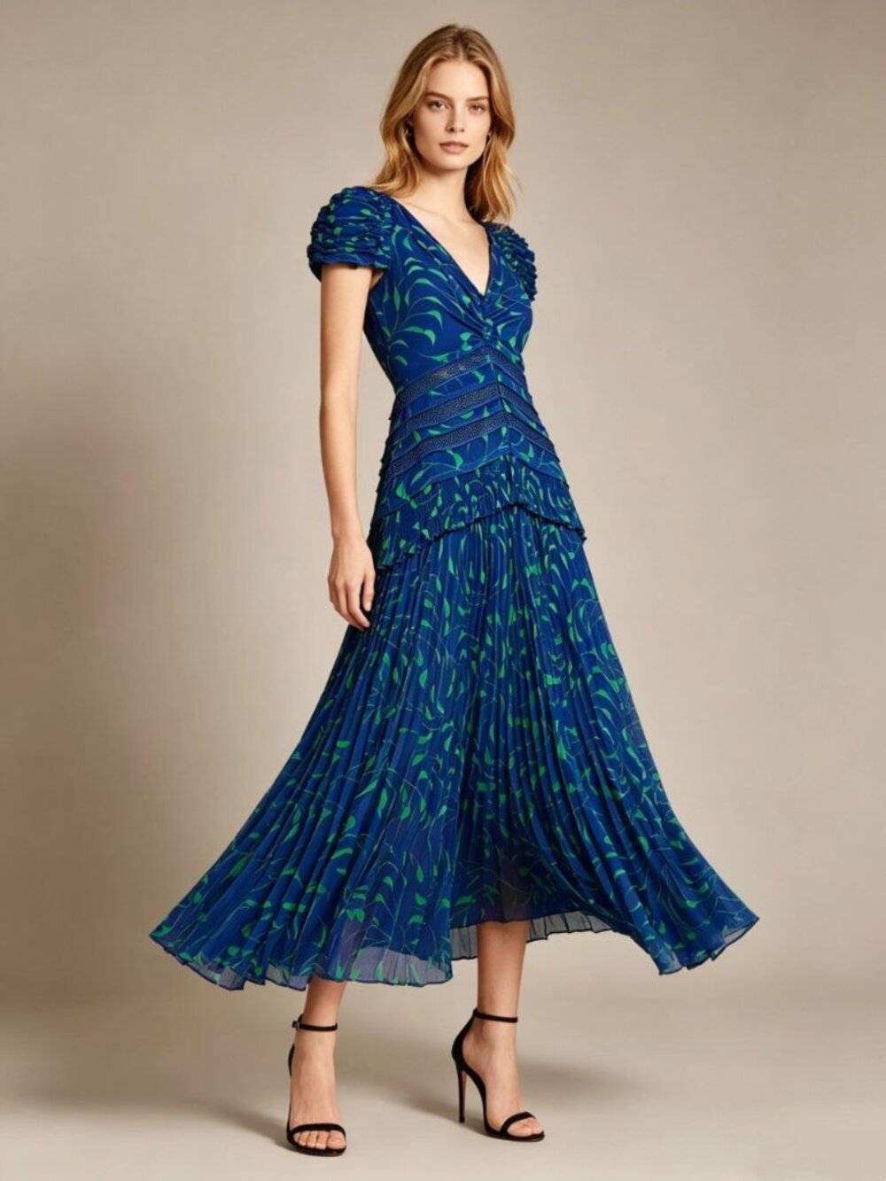 Self-Portrait Blue and Green Pleated Midi Dress